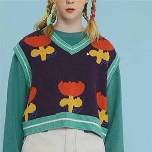 Kina & Tam Love + Harmony Tulip Boxy V-Neck Cropped Sweater Vest